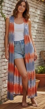Tie Dyed Sunset Blue Stripe Maxi Bohemian Vest Duster size Small